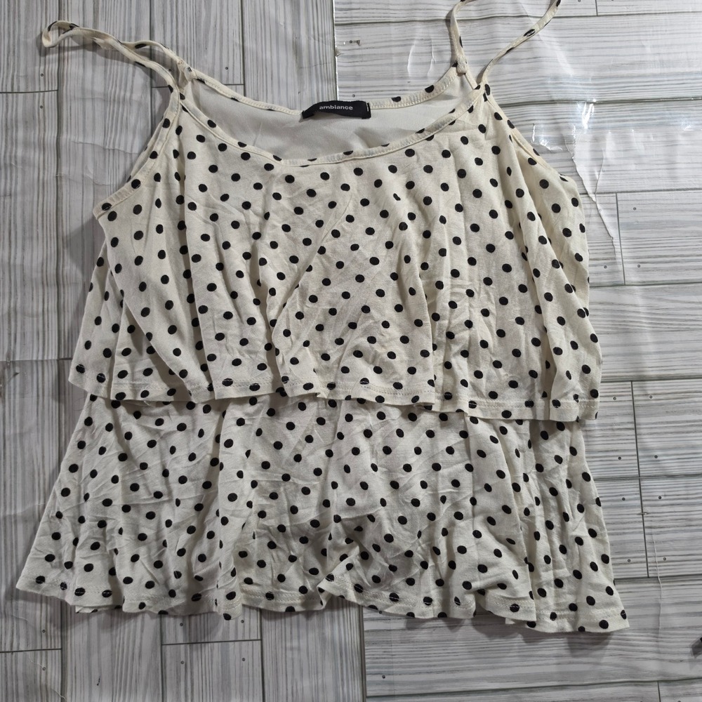 Ambiance Womens Polka Dot Tiered Ruffle Camisole Top Black White Sleeveless
